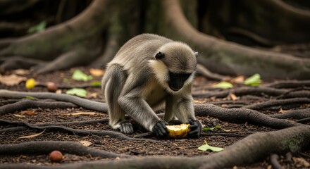 Obraz premium Wildlife portrait of a small monkey foraging for fruit on the ground, surrounded by the intricate roots of an ancient tree in a forest.