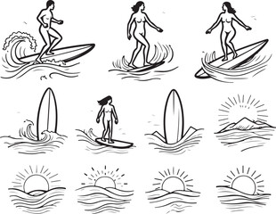Dynamic surfers ride waves, sunrises over ocean, summer beach lifestyle icons