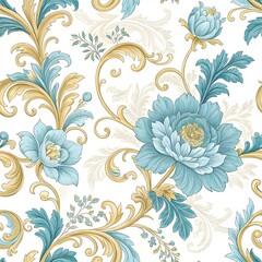Vintage floral wallpaper with blue flowers and golden vines










