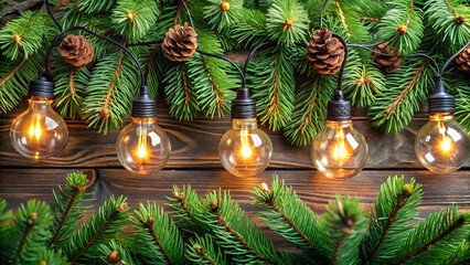 Christmas fir tree branches with pine cones and retro light bulb garland on wood.