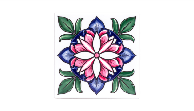 A beautifully hand-painted tile with a symmetric floral motif, featuring pink petals and blue-green leaves on a Transparent background, a decorative and classic design