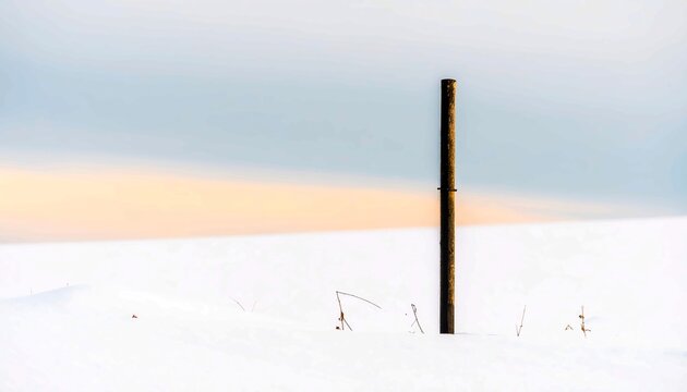 A solitary wooden post pol stands in a vast, snow-covered winter landscape, with a beautiful sky and soft light, minimalist and peaceful rural scene