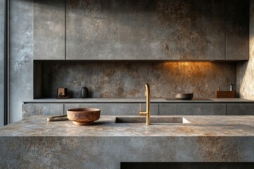 Luxury simple kitchen with marble countertop and gold faucet with copy space. Soft natural light. Minimalist interior background. 