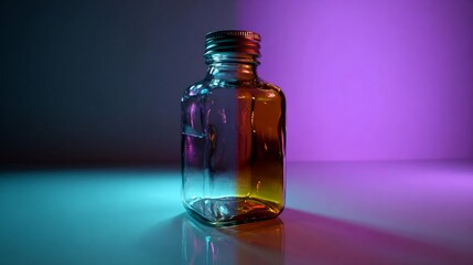 Amber glass bottle illuminated with purple lighting in futuristic minimalist composition for cosmetic photography