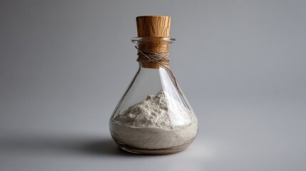 Vintage glass bottle filled with white powder on gray background minimalist organic product photography scene