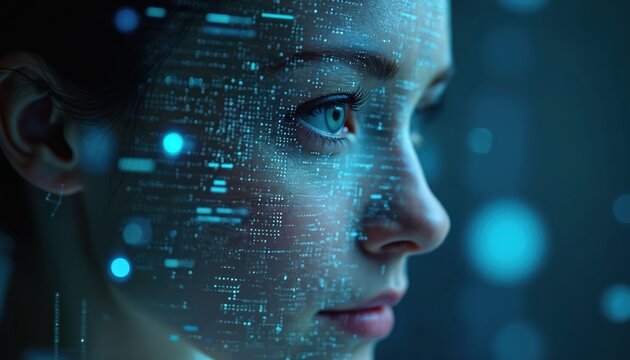 Biometric facial recognition technology scans woman face with digital grid overlay. Secure identification system uses AI and data analysis for future access, privacy protection, and cyber defense. - Powered by Adobe
