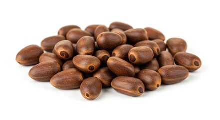 Obraz premium Pile of Siberian Pine Nuts: Rich Texture and Unique Markings on White Background