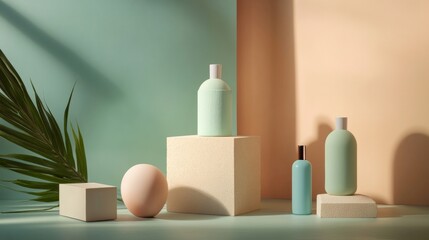 Cosmetic product display with bottles and vases on wood surface in natural light beige background