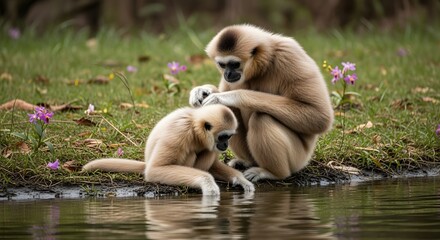 Obraz premium A tender moment of a gibbon family showing affection, with one primate grooming another near the water in their natural habitat.