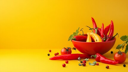 Red bowl with chili peppers and vegetables on yellow background healthy spicy food composition concept