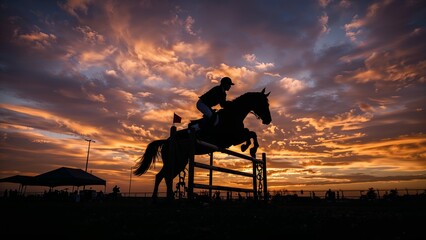 Obraz premium Dramatic Silhouette of Show Jumper and Horse Against a Vibrant Sunset Sky
