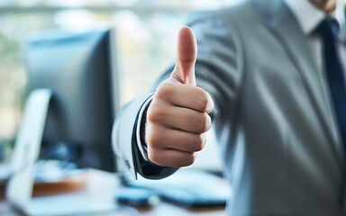 Professional businessman giving thumbs up for approval in modern office setting success and achievement