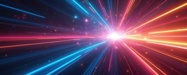 Naklejka premium Vibrant abstract illustration with dynamic colors, light streaks moving forward. Features bright blue, red, orange lines, with glowing particles suggesting speed, futuristic cosmic space. Dynamic