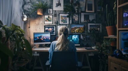 Gamer girl sitting at dual monitor setup in dark room playing video games esports concept lifestyle