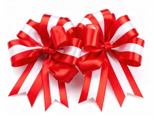 Festive Duo: Red and White Striped Ribbon Bows on White Background