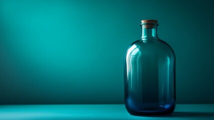 Blue glass medicine bottle on turquoise background minimal health product container pharmaceutical clean design