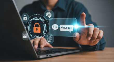 Person interacting with a secure messaging interface on a laptop screen