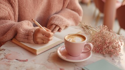 woman journaling with cappuccino in pastel cafÃ© corner