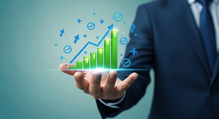 Businessperson presenting a glowing upward trending financial growth chart