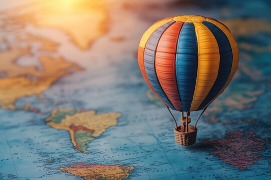Tiny hot air balloon soaring above a miniature map, representing global travel and adventure with copy space. Soft directional lighting. Vintage world map background - Powered by Adobe