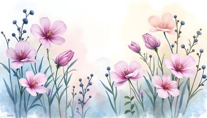 Delicate Pink Flowers Illustration with Blue Berries and Soft Background