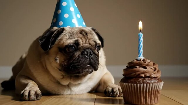 Adorable Pug Celebrates Birthday with Cupcake and Candle in Charming Montage