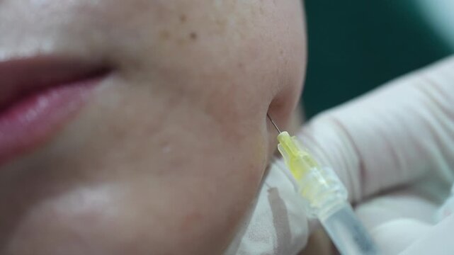 Close up of young woman receiving cosmetic injection in her, beauty procedure, injection for anti-aging and wrinkle removal, Woman getting facial aesthetic treatment with syringe