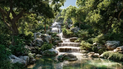 Tuinposter Watervallen Lush waterfall cascading down rocks in a serene garden setting  © Ardi