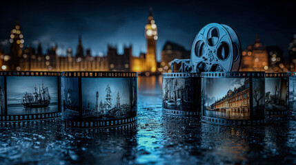 Unfurled film strip with historic images and a film reel, concept of cinema, memory, narrative, and travel.