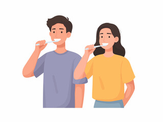 Fototapeta premium Illustration of a happy couple brushing teeth together for their daily oral hygiene self care routine isolated