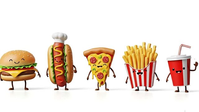 Cartoon Fast Food Characters Parade with Smiling Faces on a White Background