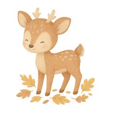 A Charming and Playful Cartoon Deer Surrounded by Glowing Autumn Leaves, Representing Whimsy and Nature's Beauty in a Colorful Artistic Render