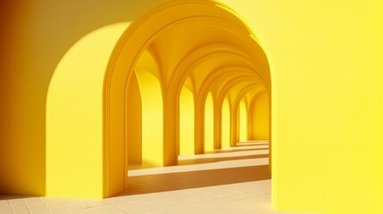 Fototapeta premium Architectural yellow corridor with arches casting strong shadows sunny scene urban design perspective concept