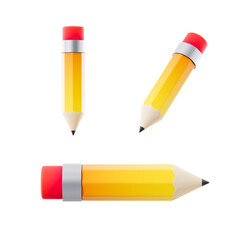 Yellow pencil with eraser from different sides on a white background. 3d rendering