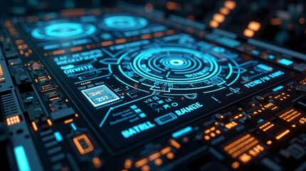 A futuristic control interface glowing blue and orange holographic hud elements high-tech spaceship, AI