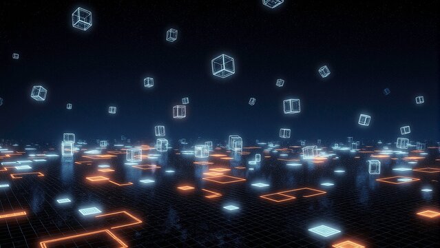 A futuristic 3d scene with glowing neon cubes hovering in a dark digital space high-tech grid, AI Generative