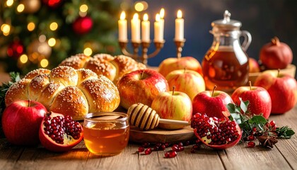 Festive table with holiday bread, apples, honey, and pomegranates