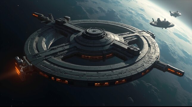Massive sci-fi space station orbiting a gas giant planet, ring-shaped docking structures connected by bridges, multiple spacecraft flying nearby, dark outer space. AI Generative - Powered by Adobe