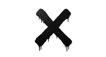 Prominent, granular black spray-painted 'X' mark with realistic paint drips and crisp outline on a transparent studio background with negative space, symbol of rejection and finality
