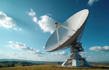 Large satellite dish antenna poised to transmit signals into space under clear blue sky with scattered clouds. Dish part of ground station for communication, radio astronomy, space exploration.
