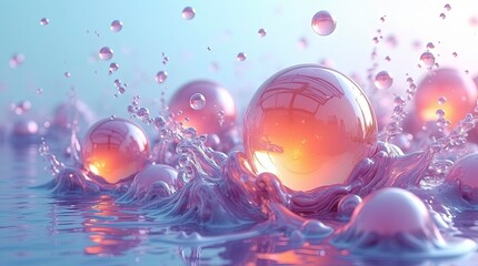 A multitude of bright droplets bursts in a pastel liquid splash, creating a stunning display of vibrant hues against a softly blurred background. Freezing motion. Beauty of nature in the moment. AI