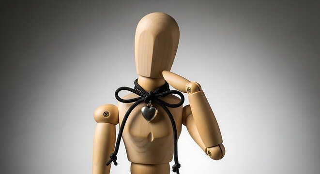 A wooden artist's mannequin in a thoughtful pose wearing a black choker with a silver heart pendant. - Powered by Adobe