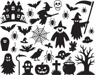 Haunted house witch bats spiders skulls grim reaper ghost pumpkin crow cobweb halloween