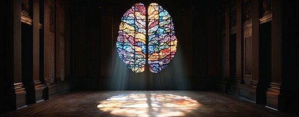 Stained glass brain in an ancient hall