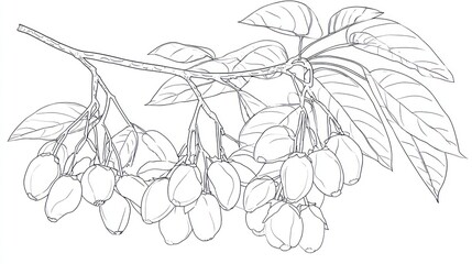 Monochromatic sketch of a branch with leaves and berries