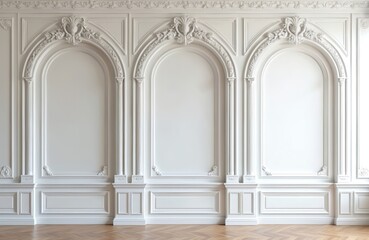 Elegant interior wall features white ornate paneling with decorative moldings. Three arched empty frames set into wall, perfect for displaying art photos. Classic architectural style enhances room