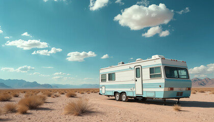White RV camper van parked in arid desert landscape. Blue sky, sparse vegetation, distant mountains. Classic motorhome for road trip adventure, remote camping, and outdoor travel in scenic western US.