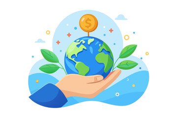 Investing in the planet a hand holding the earth with a coin on top