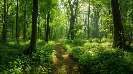 Obraz premium Forest path panorama. Panorama of a path through a lush green summer forest. 