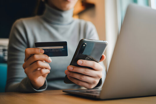 Digital Payment and Online Shopping: a person at a table, holding a credit card and smartphone near a laptop, capturing the essence of seamless transactions.